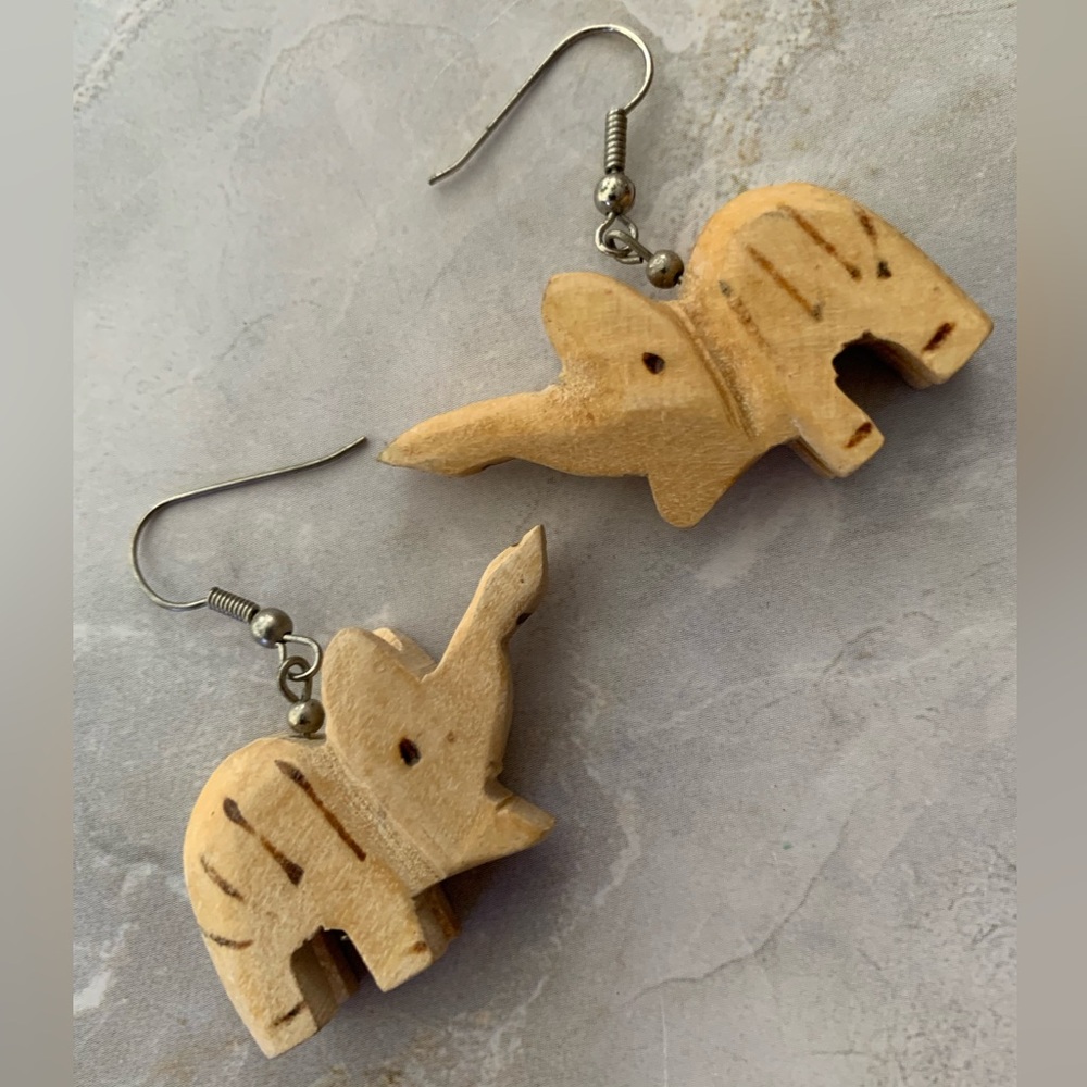 Hand Crafted Tan Elephant Earrings Wood